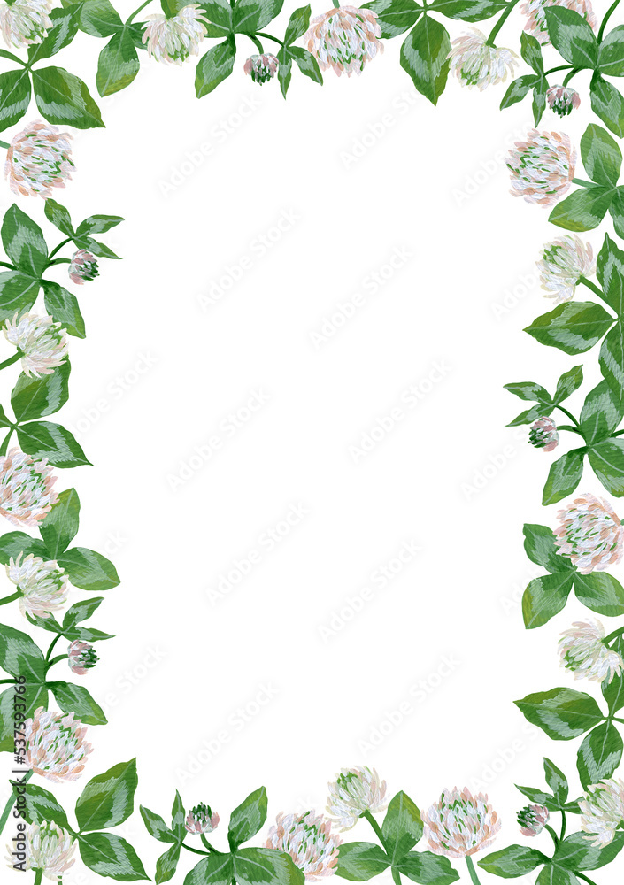 rectangular frame with gouache leaves and clover flowers on a white background. decorative illustrations for invitations, cards and decor.