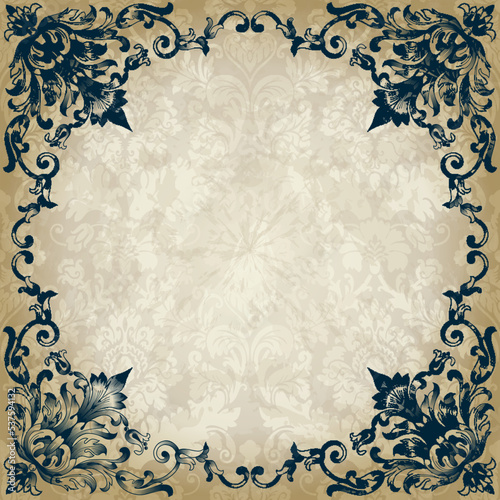 Vintage border frame engraving with retro ornament pattern in antique baroque style