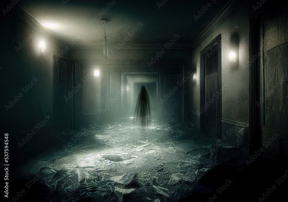 Creepy dark corridor perspective in abandoned haunted hotel, mysterious lights, flying ghosty figure at distance, horror story 3D digital illustration - obrazy, fototapety, plakaty 
