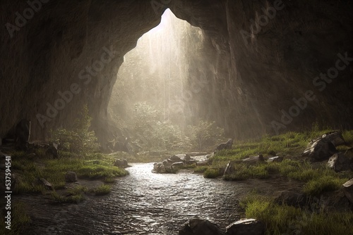 Cave in foggy forest  3D rendering  raster illustration.