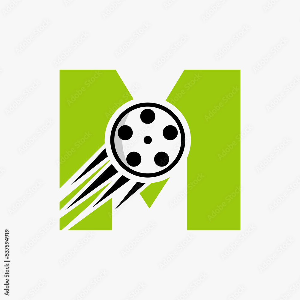 Letter M Film Logo Concept With Film Reel For Media Sign Movie letter-m-film-logo-concept-with-film-reel-for-media-sign-movie