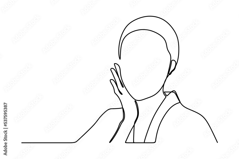 continuous line drawing of beautiful woman touching her face continuous line drawing of beautiful woman touching her face