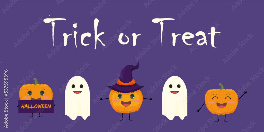 Halloween banner with cartoon pumpkins and ghosts. The background is purple.  Vector illustration. Text Trick or Treat.