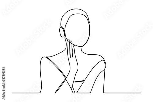 continuous line drawing of beautiful woman touching her face