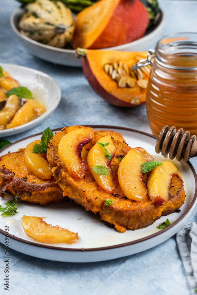 Pumpkin and apricot toasted bread, autumn seasonal brunch Pumpkin and apricot toasted bread, autumn seasonal brunch