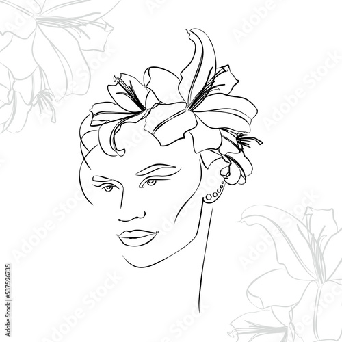 One line hand drawn vector art with beautiful woman face and flowers in elegant curve. Black isolated on white background. Modern simplistic design for fashion  wall art  print  tattoo  cover  card.