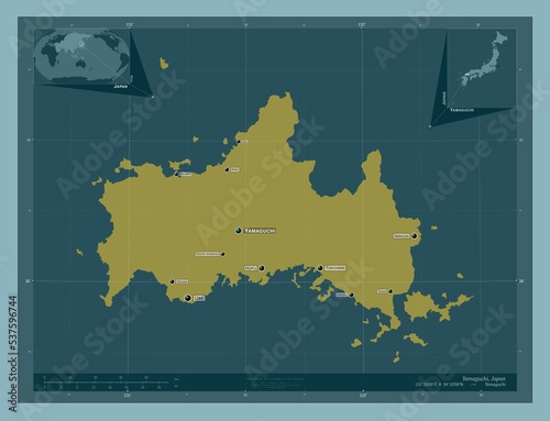 Yamaguchi, Japan. Solid. Labelled points of cities