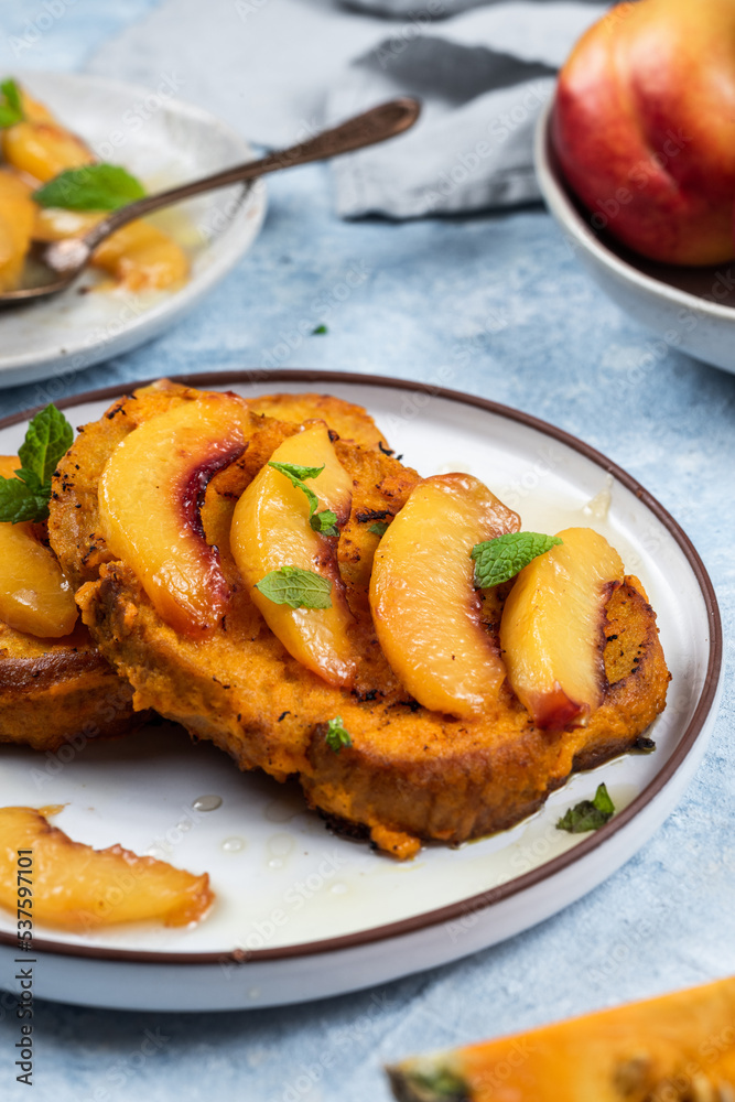 Taste of autumn, pumkin toast with grilled apricot and honey Taste of autumn, pumkin toast with grilled apricot and honey