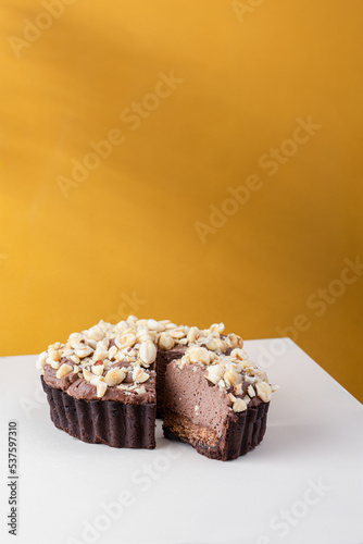 Patisserie dessert. Single piece of artisan cake. High detail studio photo. Copy space background