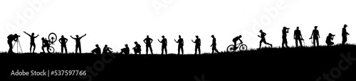Silhouettes of men standing in a variety of poses. man standing in the meadow