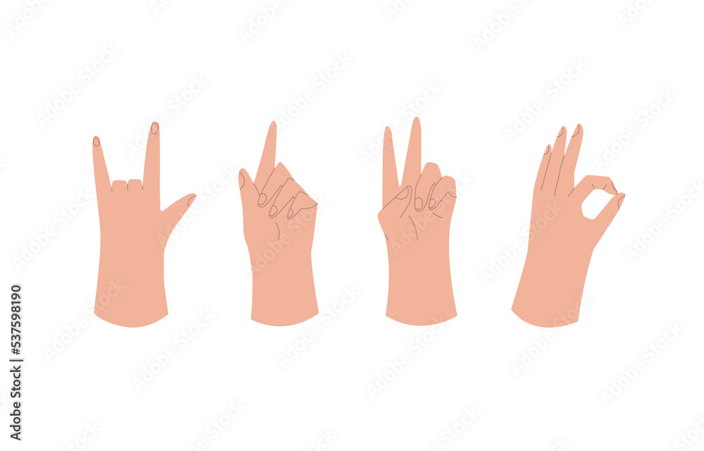 Set of hands with different gestures: love, pointer, peace, ok. Flat vector illustration Set of hands with different gestures: love, pointer, peace, ok. Flat vector illustration