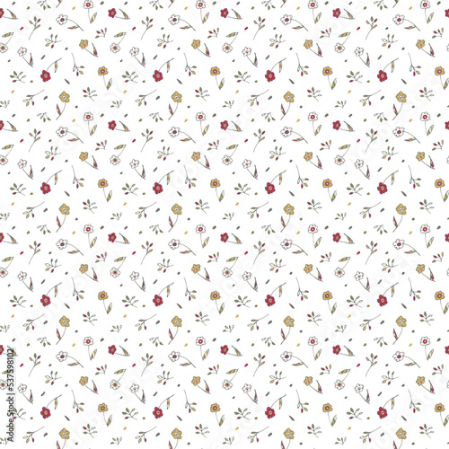 Ditsy cute floral seamless pattern. Hand drawn doodle style, childish naive art design. Random decorative flowers, white color background. Vector