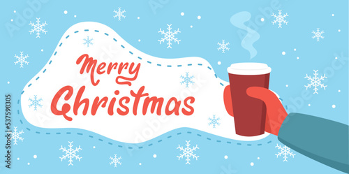 Merry Christmas greeting card. Hand in mitten holding paper cup of hot drink on blue background with snowflakes. Flat vector illustration