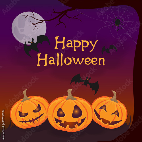 Happy Halloween Poster. Halloween night background with full Moon and pumpkins, bats, spider. Vector elements for banner, greeting card Halloween celebration, Halloween party poster. EPS10 vector