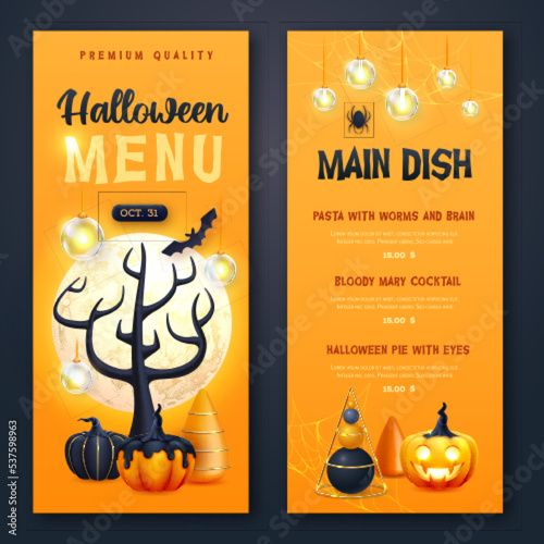 Halloween holiday menu design with realistic 3D halloween pumpkins and full moon. Vector illustration