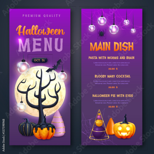 Halloween holiday menu design with realistic 3D halloween pumpkins and full moon. Vector illustration
