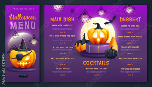 Halloween holiday menu design with realistic 3D halloween pumpkins and full moon. Vector illustration
