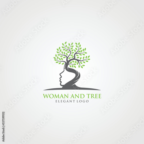 blooming tree with female face, vector, Vector person ecological, think green,tree brain logo concept. human mind, growth , innovation, thinking, symbol stock illustration.