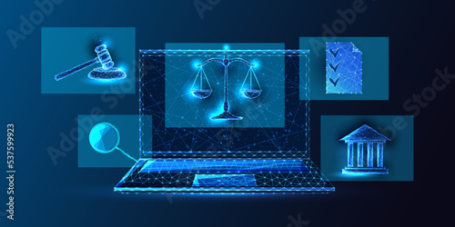 Concept of online legal advice, attorney service in futuristic glowing polygonal style on dark blue