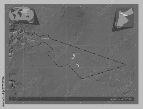 Zarqa, Jordan. Grayscale. Labelled points of cities photo