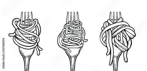 Fork with noodle pasta illustration set. Eating spaghetti using fork vector design photo