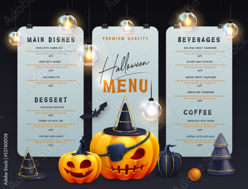 Halloween holiday menu design with realistic 3D halloween pumpkins. Vector illustration