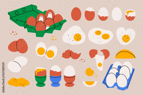 Chicken eggs. Cartoon boiled raw fried egg yolk carton boxes, broken eggshell proteins organic food. Vector isolated set