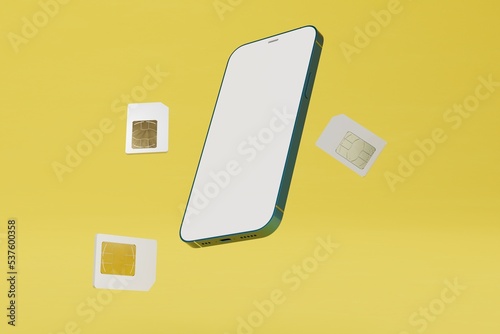 smartphone for several SIM cards. smartphone around which SIM cards fly on a yellow background. 3D render