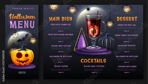 Halloween holiday menu design with realistic 3D halloween pumpkins and cocktail. Vector illustration