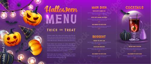 Halloween holiday menu design with realistic 3D halloween pumpkins and cocktail. Vector illustration