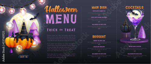 Halloween holiday menu design with realistic 3D halloween pumpkins and cocktail. Vector illustration