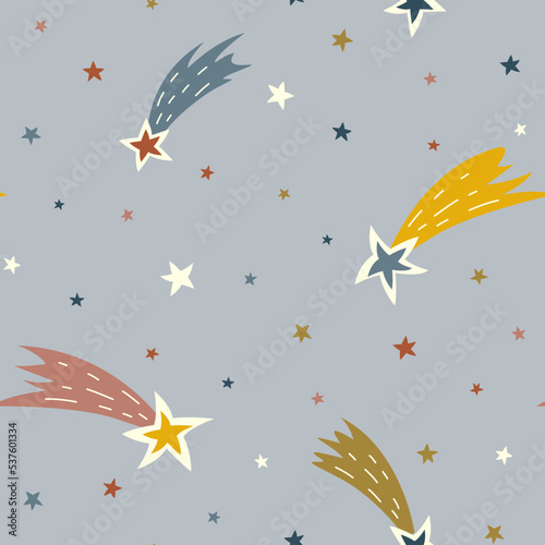 Seamless pattern with comets and stars in cartoon style