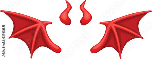 Devil horns and wings. Hell costume. Carnival elements
