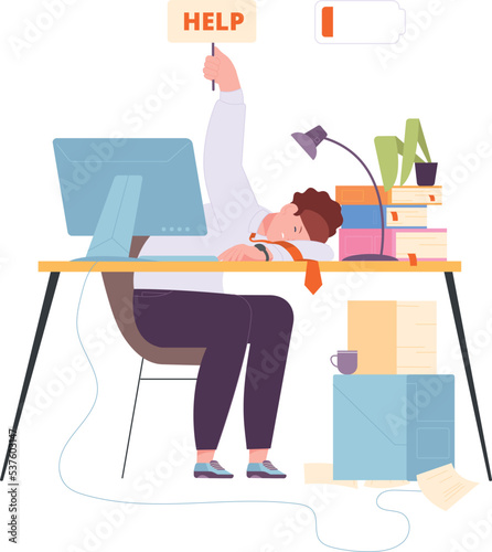 Exhausted person burnout from work overload. Tired office worker