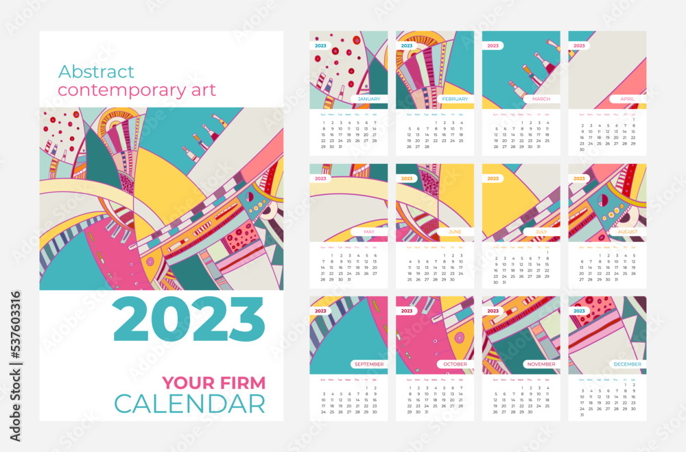 2023 calendar abstract contemporary art vector set. Desk, screen, desktop  months 2023, colorful 2023 calendar template, agenda pattern. Psychedelic  calendar, day planner starts Sunday. 12 month pages. Stock Vector | Adobe  Stock