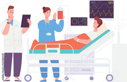 Doctor and nurse caring about patient on hospital bed. Medical treatment