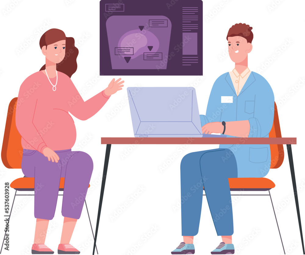 Pregnant woman talking with doctor about test result and medical scans Pregnant woman talking with doctor about test result and medical scans