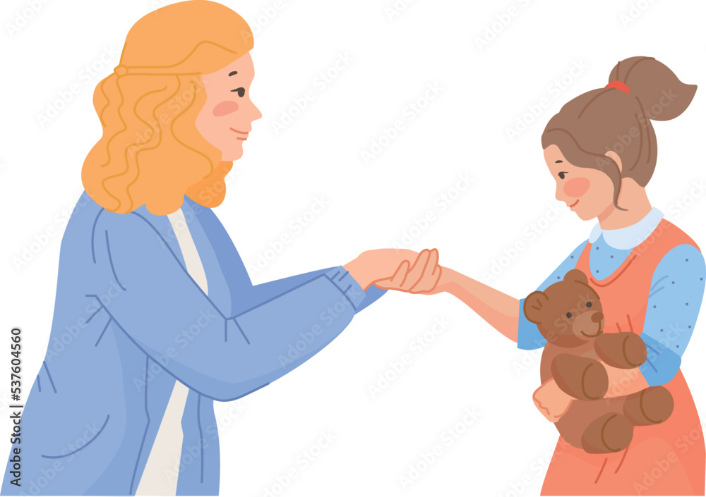 Woman holding hands with girl. Adopting mother with kid Woman holding hands with girl. Adopting mother with kid