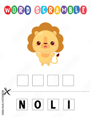 Lion Word scramble . Educational game for kids. English language spelling worksheet for preschool children