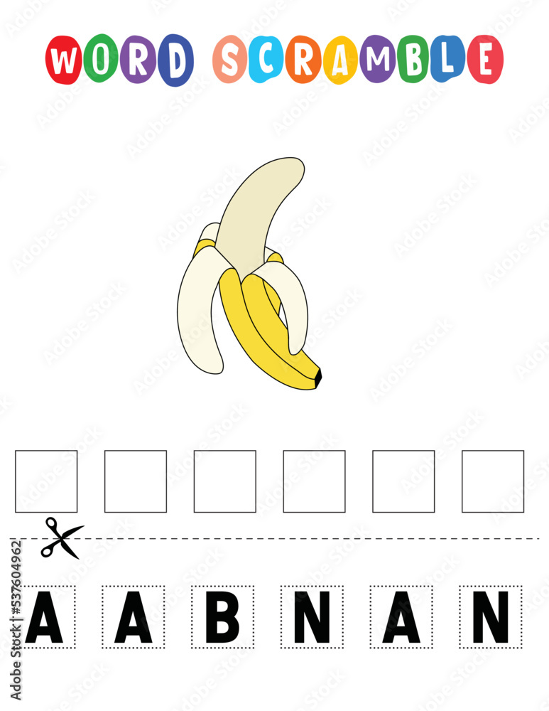 Banana Word scramble . Educational game for kids. English language