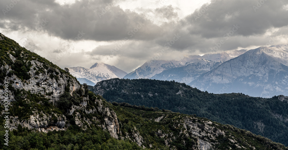 magnificent view of cloud topped Spanish Pyrenees mountains