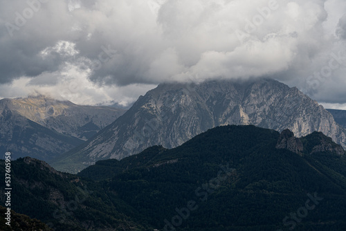 magnificent view of cloud topped Spanish Pyrenees mountains