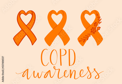 COPD chronic obstructive pulmonary disease awareness month Novermber handwritten lettering. Orange support ribbon. Web banner vector