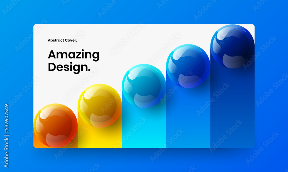 Isolated realistic spheres company brochure template. Vivid website design vector layout.