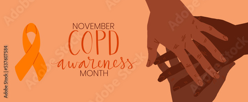 COPD chronic obstructive pulmonary disease awareness month Novermber handwritten lettering. Human hands holding orange support ribbon symbol. Web banner vector