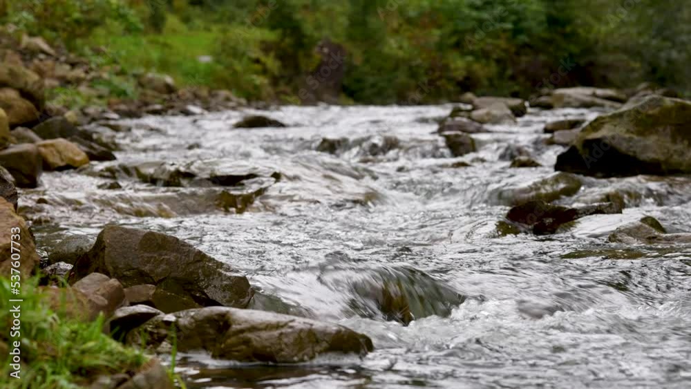 Clear stream running through stone boulders in carpathians. Abundant river flowing on stone bottom in slow motion. Wild mountain river water splashing in autumn day. Cinematic footage Clear stream running through stone boulders in carpathians. Abundant river flowing on stone bottom in slow motion. Wild mountain river water splashing in autumn day. Cinematic footage