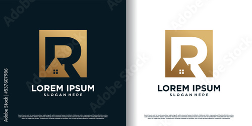 Initial letter r logo design template with house icon and creative concept Premium Vector
