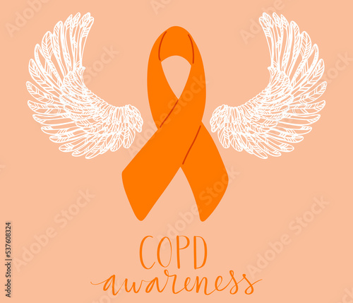 COPD chronic obstructive pulmonary disease awareness month Novermber handwritten lettering. Orange support ribbon with angel wings. Web banner vector