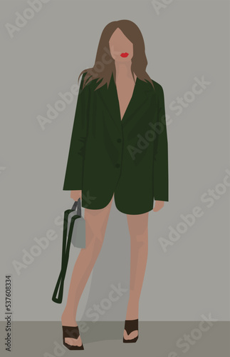 Vector flat image of a pretty girl in a loose jacket. A fair-haired girl with bright lips. Design for postcards, avatars, posters, backgrounds, templates, banners, textiles.