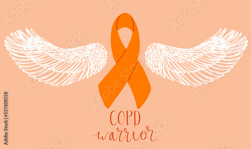 COPD chronic obstructive pulmonary disease awareness month Novermber handwritten lettering. Orange support ribbon with angel wings. Web banner vector